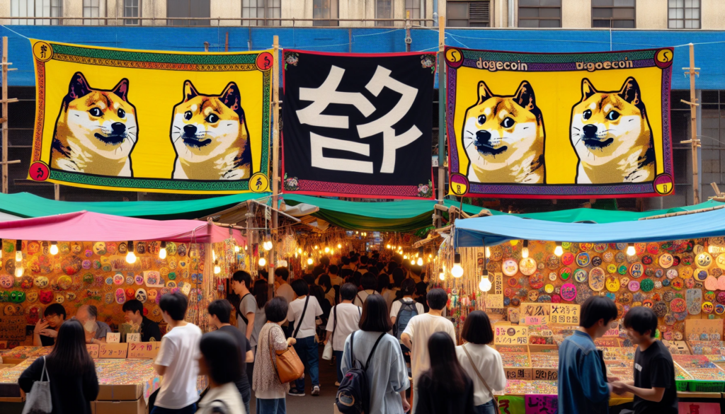Dogecoin and Shiba Inu logos in a vibrant market setting
