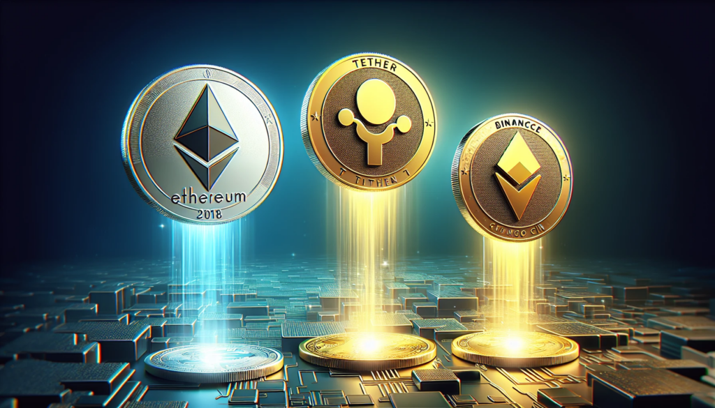 Ethereum, Tether, and Binance Coin logos